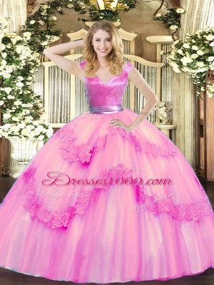 Floor Length Zipper 15 Quinceanera Dress Rose Pink for Military Ball and Sweet 16 and Quinceanera with Beading and Appliques