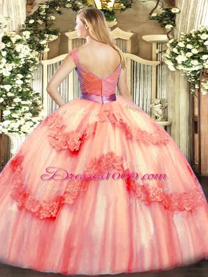 Floor Length Zipper 15 Quinceanera Dress Rose Pink for Military Ball and Sweet 16 and Quinceanera with Beading and Appliques