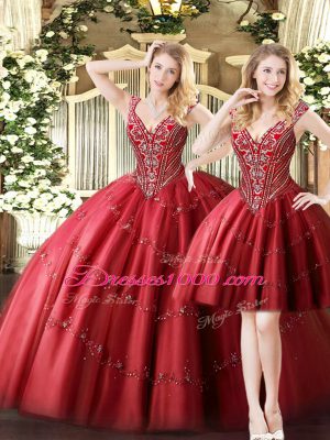 Three Pieces Quinceanera Dress Wine Red V-neck Tulle Sleeveless Floor Length Lace Up