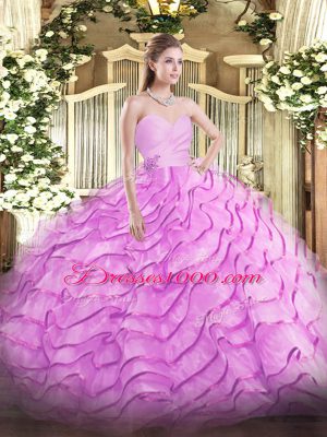 Lilac Lace Up Sweetheart Beading and Ruffled Layers Sweet 16 Dresses Organza Sleeveless Brush Train