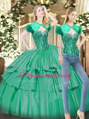 Sleeveless Tulle Floor Length Lace Up Vestidos de Quinceanera in Turquoise with Beading and Ruffled Layers