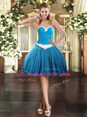 Dramatic Baby Blue Ball Gowns Sweetheart Sleeveless Tulle Mini Length Lace Up Appliques