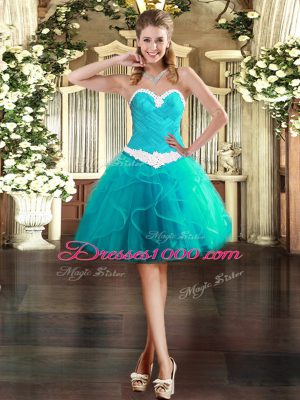 Ideal Aqua Blue Prom Dresses Prom and Party with Appliques and Ruffles Sweetheart Sleeveless Lace Up