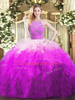 Halter Top Sleeveless Quinceanera Gowns Floor Length Beading and Ruffles Multi-color Tulle