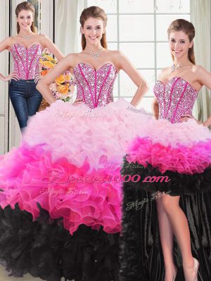 Multi-color Organza Lace Up 15th Birthday Dress Sleeveless Floor Length Beading and Ruffles