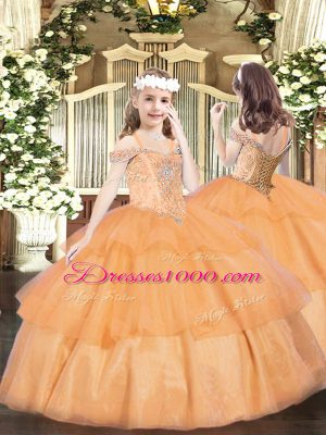 Floor Length Ball Gowns Sleeveless Orange Little Girl Pageant Gowns Lace Up
