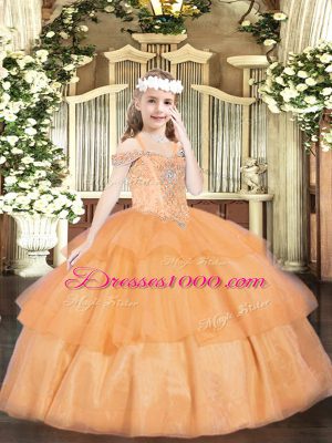 Floor Length Ball Gowns Sleeveless Orange Little Girl Pageant Gowns Lace Up