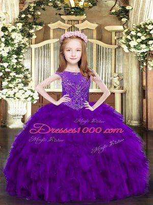 Fantastic Sleeveless Floor Length Beading and Ruffles Zipper Little Girls Pageant Gowns with Purple