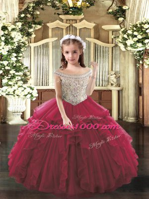 Stunning Floor Length Fuchsia Pageant Dresses Off The Shoulder Sleeveless Lace Up