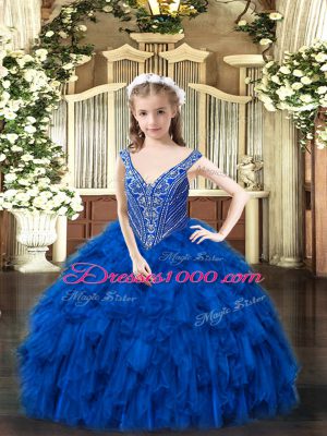 Luxurious Royal Blue Lace Up V-neck Beading and Ruffles Little Girls Pageant Dress Organza Sleeveless