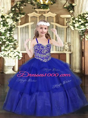 Floor Length Royal Blue Little Girls Pageant Dress Wholesale Organza Sleeveless Beading and Ruffled Layers