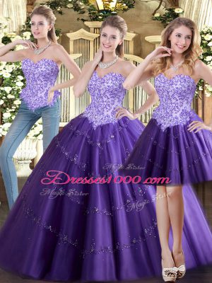 Gorgeous Tulle Sweetheart Sleeveless Lace Up Beading Sweet 16 Quinceanera Dress in Purple