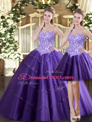 Gorgeous Tulle Sweetheart Sleeveless Lace Up Beading Sweet 16 Quinceanera Dress in Purple
