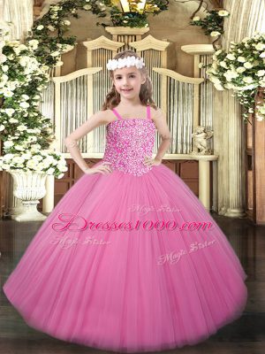 Rose Pink Sleeveless Floor Length Beading Lace Up Pageant Gowns For Girls