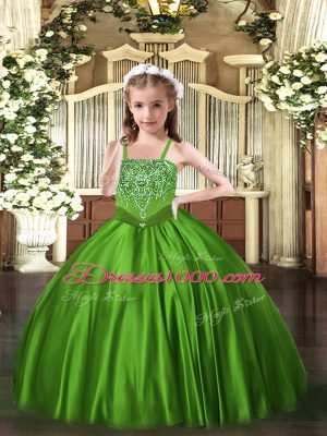 Straps Sleeveless Pageant Gowns Floor Length Beading Green Satin