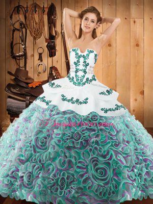 Strapless Sleeveless 15 Quinceanera Dress With Train Sweep Train Embroidery Multi-color Satin and Fabric With Rolling Flowers