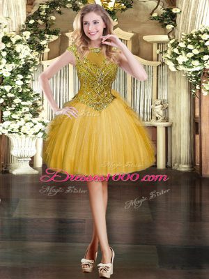Flare Gold Ball Gowns Beading and Ruffles Sweet 16 Dresses Zipper Tulle Sleeveless Floor Length
