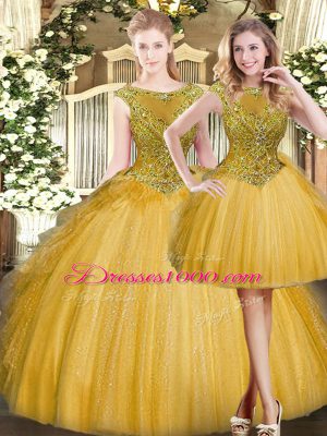 Flare Gold Ball Gowns Beading and Ruffles Sweet 16 Dresses Zipper Tulle Sleeveless Floor Length