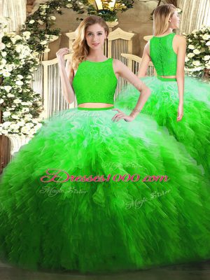 Custom Design Green Sleeveless Floor Length Lace and Ruffles Zipper Quinceanera Dresses