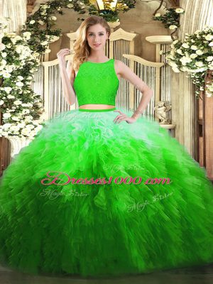 Custom Design Green Sleeveless Floor Length Lace and Ruffles Zipper Quinceanera Dresses