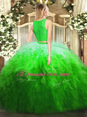 Custom Design Green Sleeveless Floor Length Lace and Ruffles Zipper Quinceanera Dresses