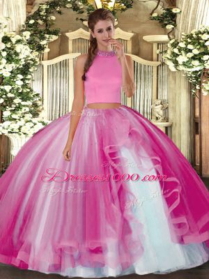 Beading and Ruffles Sweet 16 Quinceanera Dress Hot Pink Backless Sleeveless Floor Length