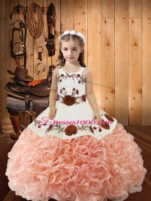 Wonderful Peach Ball Gowns Fabric With Rolling Flowers Straps Sleeveless Embroidery and Ruffles Floor Length Lace Up Winning Pageant Gowns