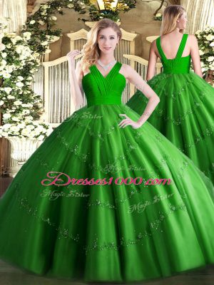 Green Ball Gowns Tulle V-neck Sleeveless Beading Floor Length Zipper Sweet 16 Quinceanera Dress