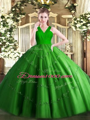 Green Ball Gowns Tulle V-neck Sleeveless Beading Floor Length Zipper Sweet 16 Quinceanera Dress