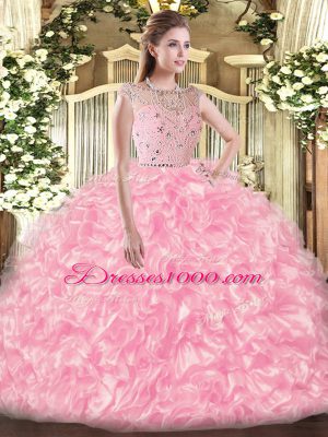 Hot Selling Sleeveless Tulle Floor Length Zipper Quinceanera Dresses in Rose Pink with Beading and Ruffles