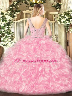 Hot Selling Sleeveless Tulle Floor Length Zipper Quinceanera Dresses in Rose Pink with Beading and Ruffles