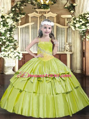 Floor Length Lace Up Little Girl Pageant Dress Yellow Green for Party and Quinceanera with Beading and Ruffled Layers