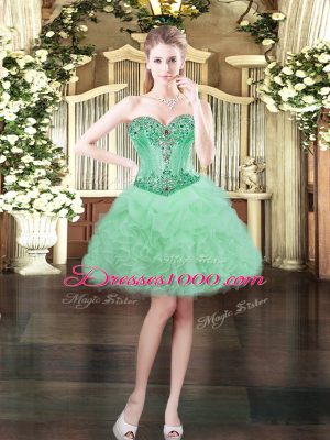Customized Sleeveless Organza Mini Length Lace Up Prom Gown in Apple Green with Beading and Ruffles and Pick Ups