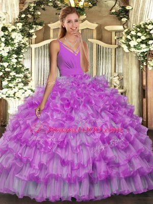 Noble Ball Gowns Quinceanera Gown Lilac V-neck Organza Sleeveless Floor Length Backless