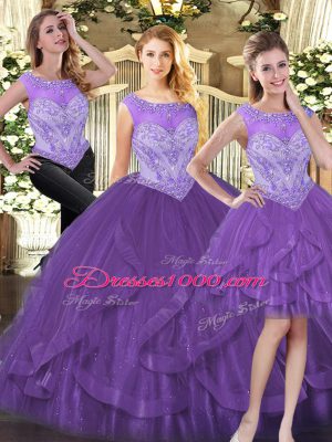 Top Selling Purple Organza Zipper Quinceanera Gown Sleeveless Floor Length Beading and Ruffles