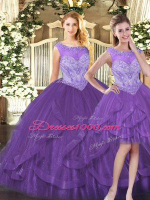 Top Selling Purple Organza Zipper Quinceanera Gown Sleeveless Floor Length Beading and Ruffles