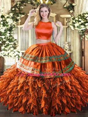 Rust Red Sweet 16 Dresses Military Ball and Sweet 16 and Quinceanera with Ruffles and Sequins High-neck Sleeveless Criss Cross