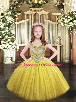 Ball Gowns Custom Made Pageant Dress Gold Scoop Tulle Sleeveless Floor Length Lace Up