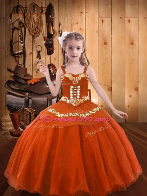 Floor Length Lace Up Little Girls Pageant Dress Orange Red for Sweet 16 and Quinceanera with Embroidery and Ruffles