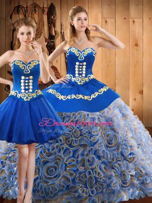 Sexy Satin and Fabric With Rolling Flowers Sleeveless With Train Sweet 16 Dress Sweep Train and Embroidery