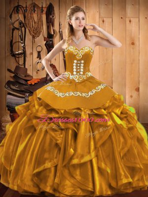 Great Gold Sweet 16 Dress Military Ball and Sweet 16 and Quinceanera with Embroidery and Ruffles Sweetheart Sleeveless Lace Up