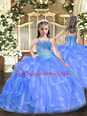 Baby Blue Tulle Lace Up Quinceanera Gown Sleeveless Floor Length Beading and Ruffles