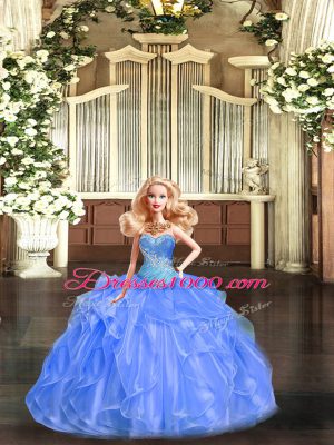 Baby Blue Tulle Lace Up Quinceanera Gown Sleeveless Floor Length Beading and Ruffles