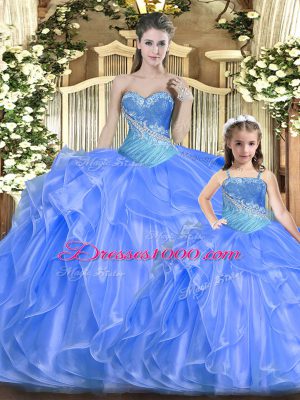 Baby Blue Tulle Lace Up Quinceanera Gown Sleeveless Floor Length Beading and Ruffles