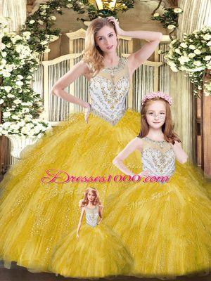 Luxury Sleeveless Floor Length Beading and Ruffles Lace Up Sweet 16 Quinceanera Dress with Gold