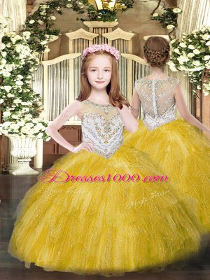 Luxury Sleeveless Floor Length Beading and Ruffles Lace Up Sweet 16 Quinceanera Dress with Gold