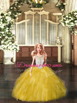 Luxury Sleeveless Floor Length Beading and Ruffles Lace Up Sweet 16 Quinceanera Dress with Gold