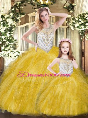 Luxury Sleeveless Floor Length Beading and Ruffles Lace Up Sweet 16 Quinceanera Dress with Gold