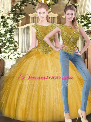 Delicate Gold Sleeveless Tulle Zipper Sweet 16 Dress for Military Ball and Sweet 16 and Quinceanera