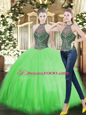 Unique Sleeveless Floor Length Beading Lace Up Quinceanera Gowns with